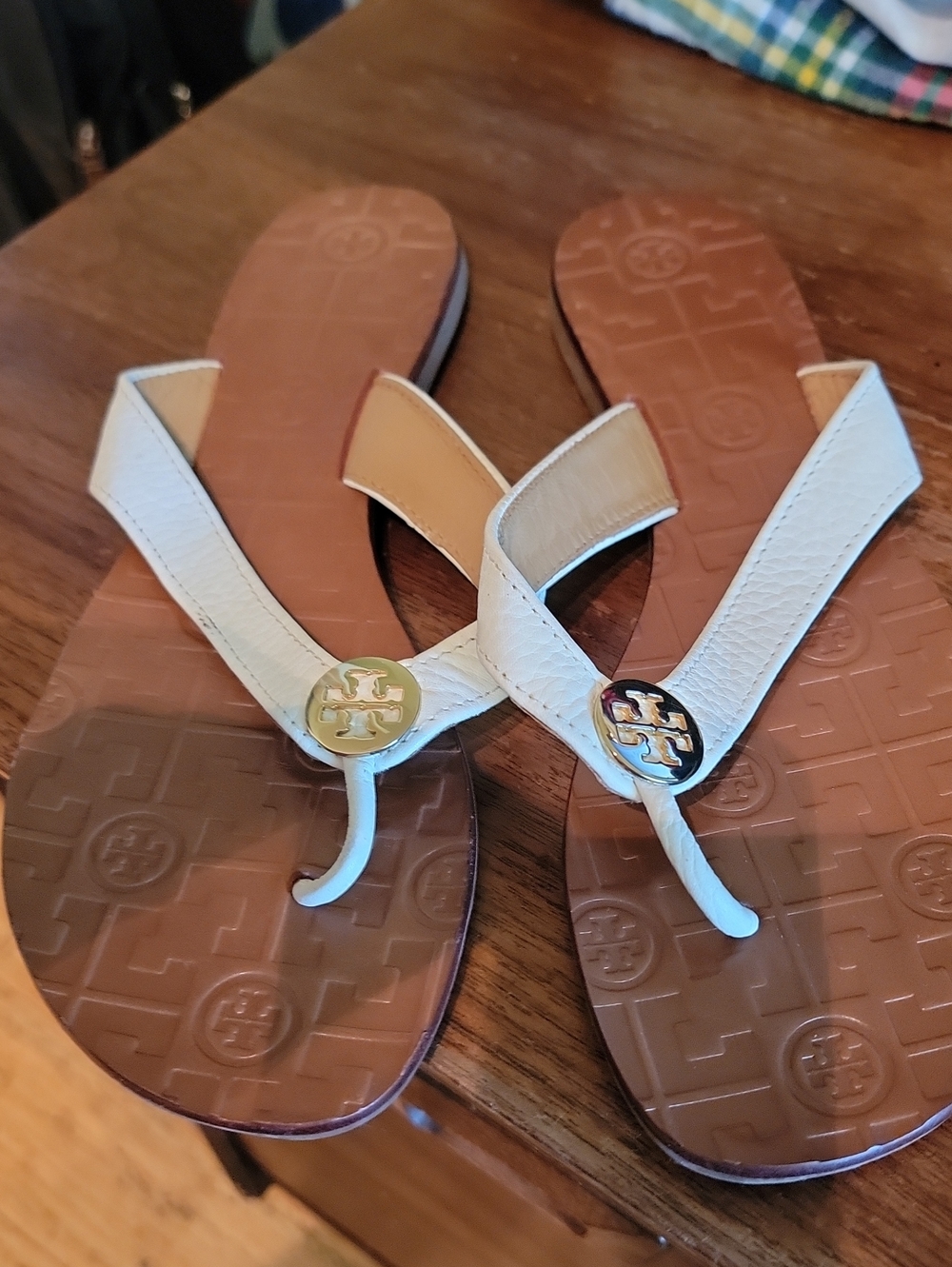 Tory Burch White Leather Logo Thong Sandals
